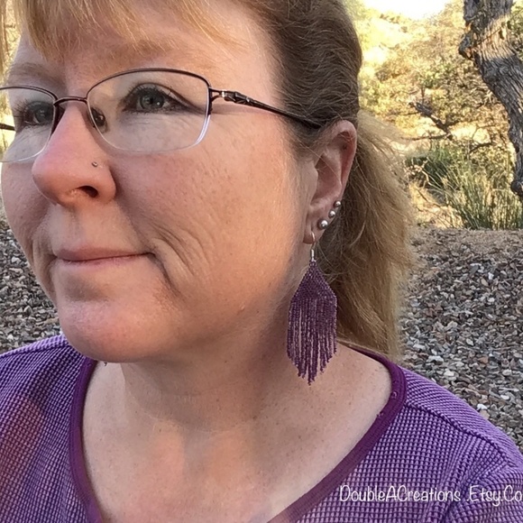 Purple Rainbow Lined Beaded Earrings with Fringe, New, Handmade By Me - Picture 6 of 7